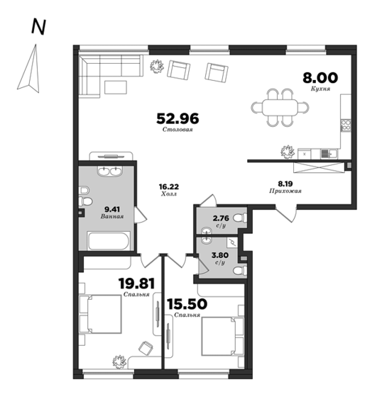 Приоритет, Корпус 1, 2 спальни, 136.65 м² | планировка элитных квартир Санкт-Петербурга | М16